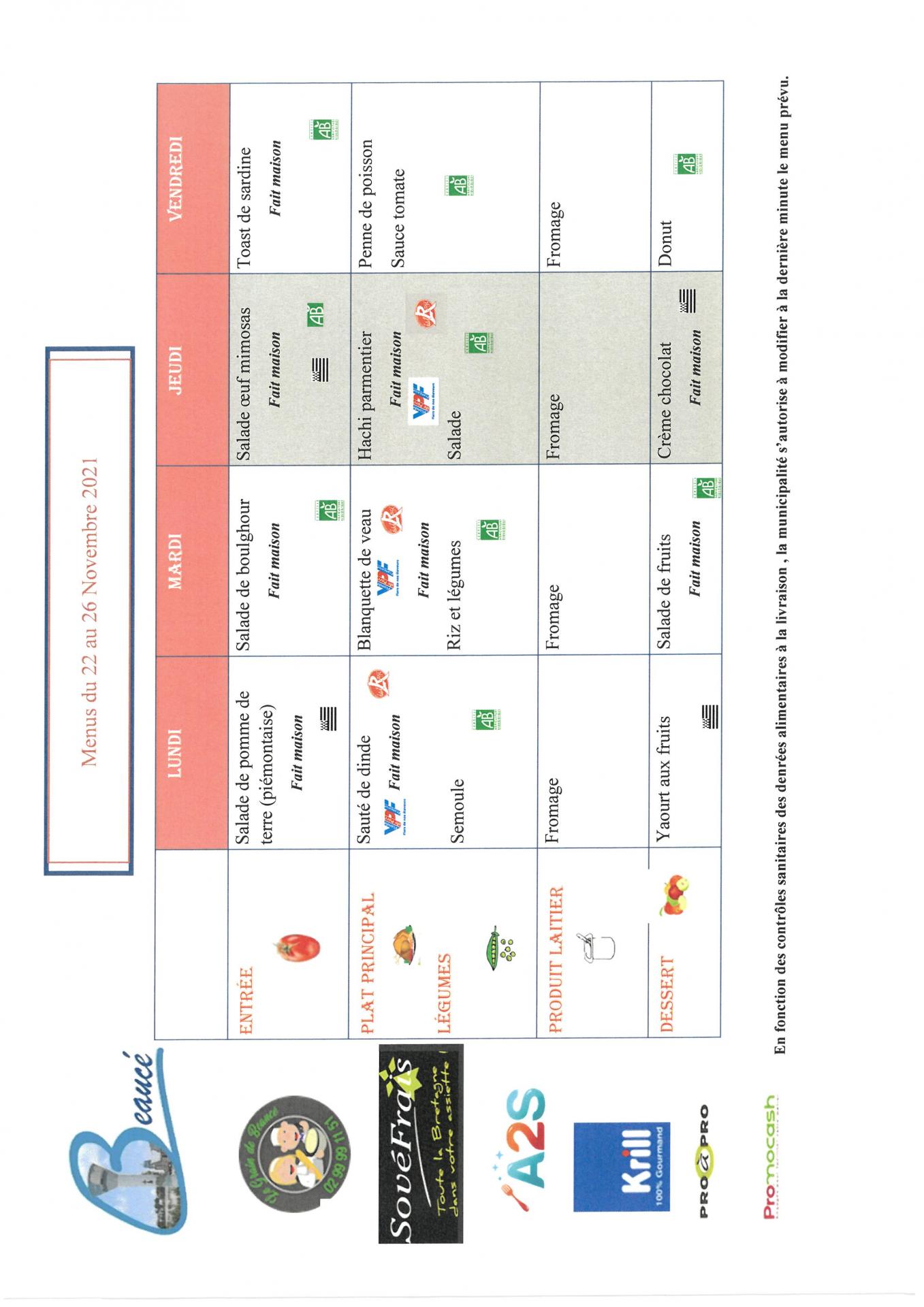 Menu 22 au 26 11